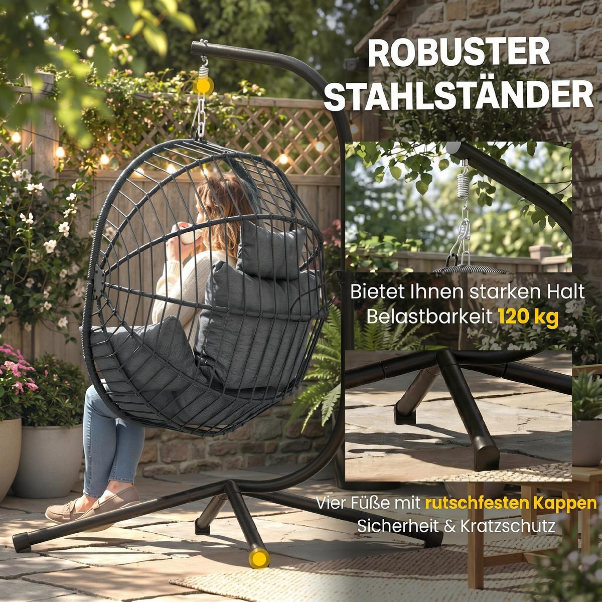 HÄNGESESSEL, Stahl, Polyester, Grau - Grau, Metall (106/188/120cm) - Outsunny