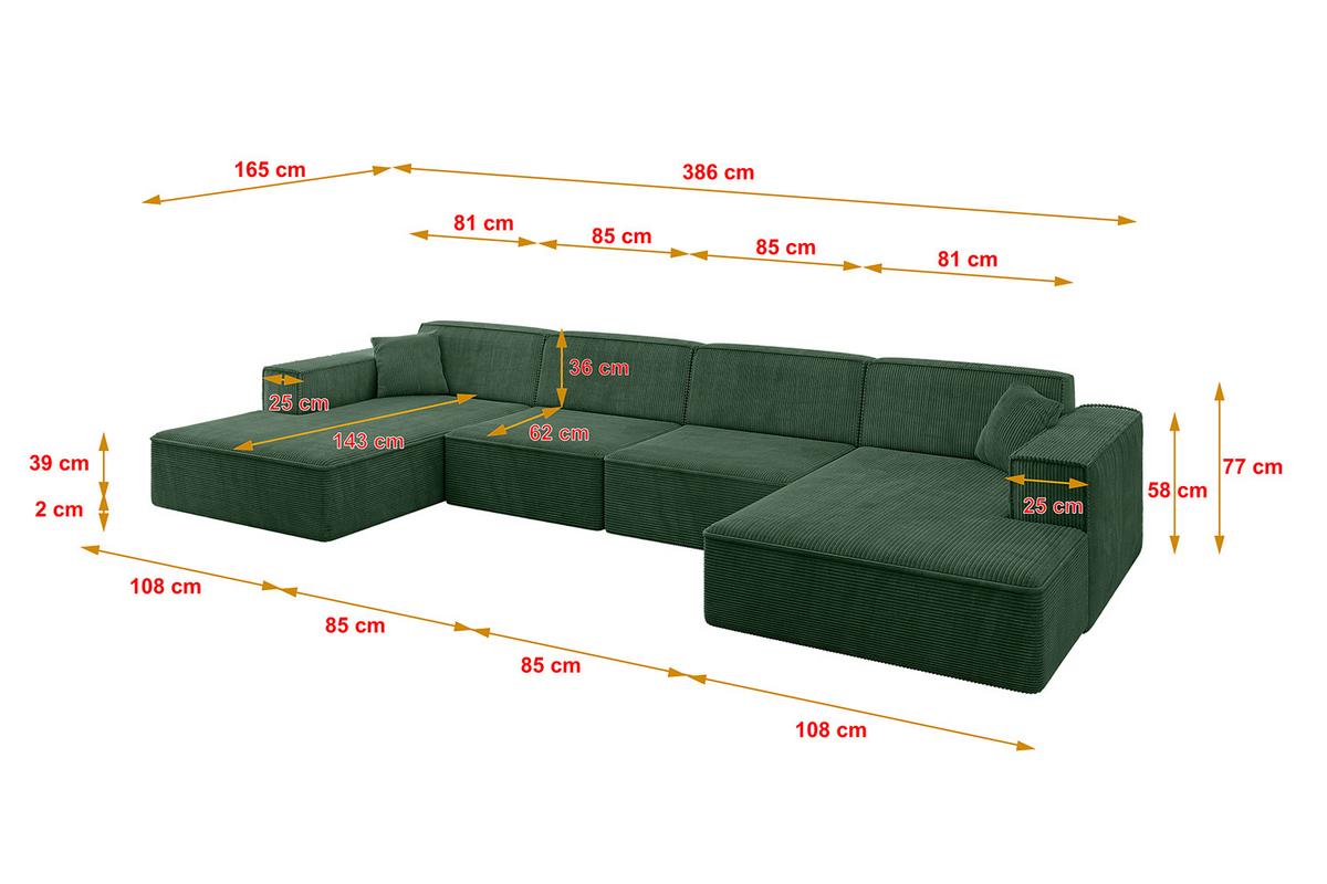 WOHNLANDSCHAFT IREA-U2-v4 - 386x165x77 cm Grün - Currygelb, Holzwerkstoff/Textil (386/77/165cm) - ALTDECOR