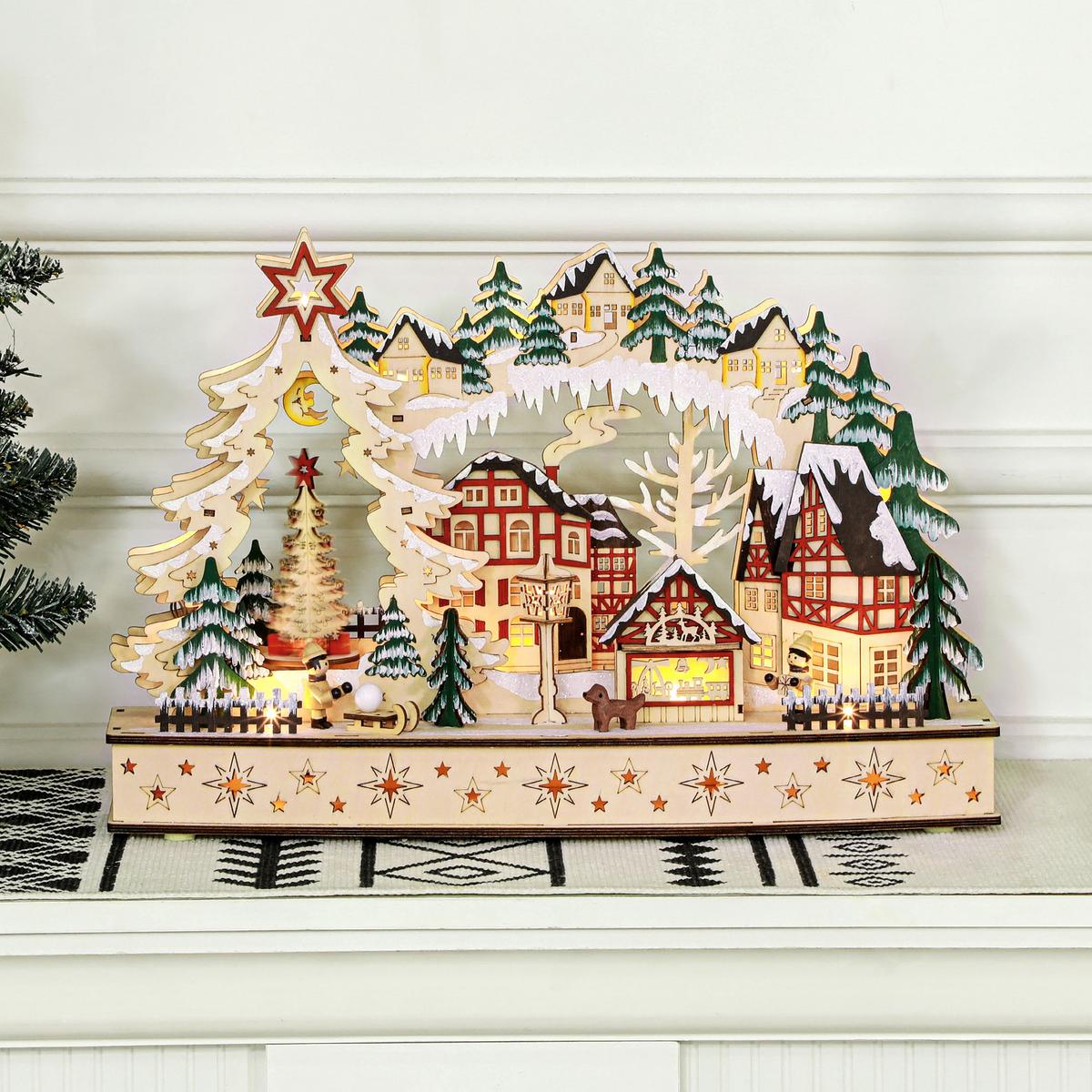 WEIHNACHTSDORF LED Winterlandschaft mit Waldszene, Weihnachtshäusern, Natur - Naturfarben, Holz (12/30/45cm) - HOMCOM