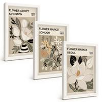 BILDER SET 3er Set - 20x30 cm Weißer Rahmen - Retro-Blumen aus Städten rund um die Welt - Weiß, Kunststoff (20/30cm) - TULUP