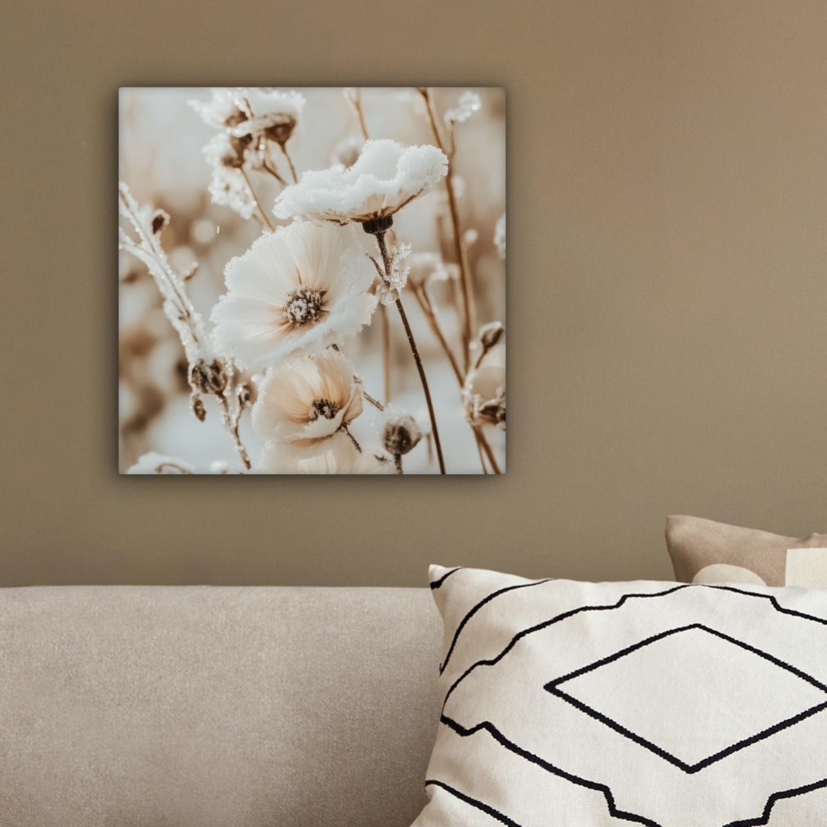 LEINWANDBILD Blumen - Winter - Weiß - Schnee - Beige Deko Wohnzimmer 20x20 cm - Creme, Textil (20/20cm) - MuchoWow