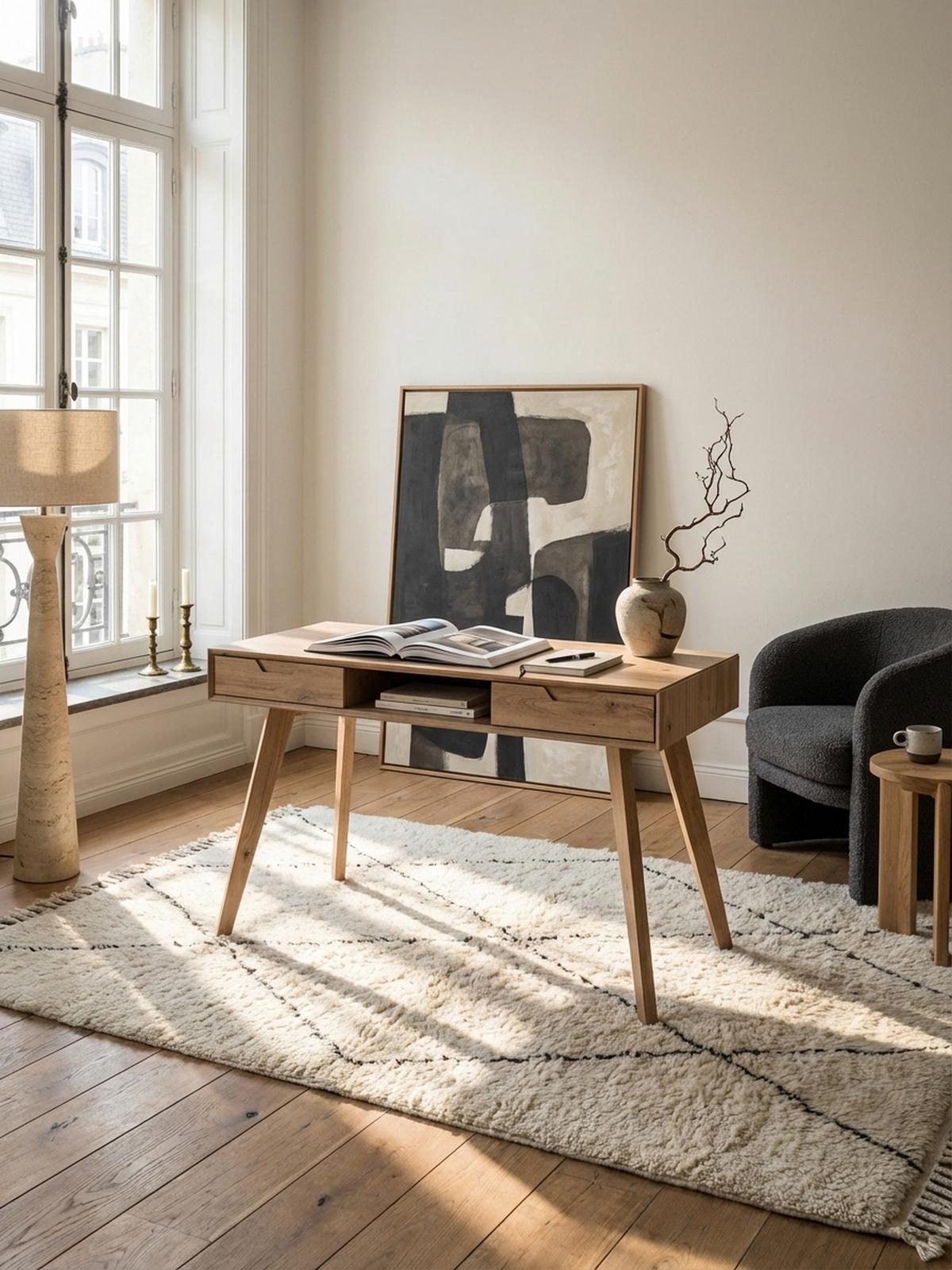 SCHREIBTISCH – 120x55x77 cm, Skandinavischer Stil, 2 Schubladen, Eichenbeine - Beige, Eichenholz/Holz (55/120/77cm) - KADIMA DESIGN
