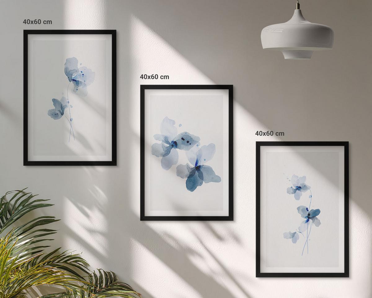 BILDER SET 3er Set - 40x60 cm Schwarzer Rahmen - Blaue Blumen - Schwarz, Kunststoff (40/60cm) - TULUP