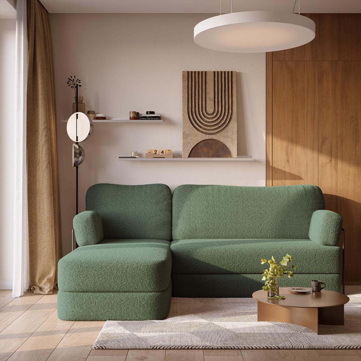 ECKSOFA SABI modulares Boneless Sofa mit Schlaffunktion Grün Boucle-Stoff - Grün, Textil (200/120cm) - MASSENO