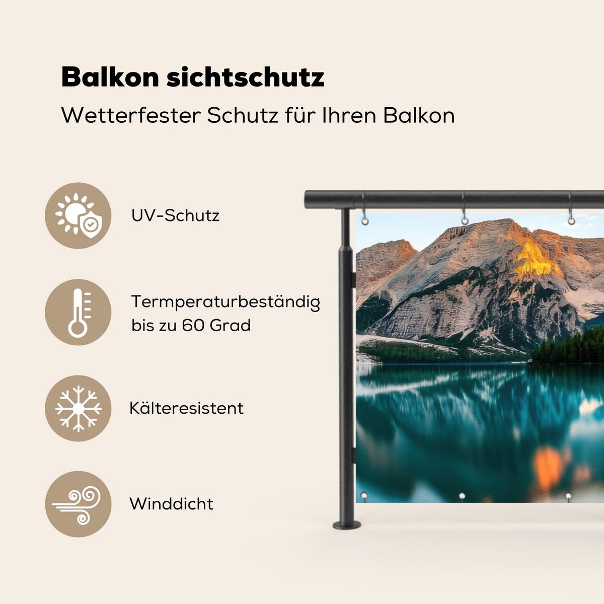 BALKON-SICHTSCHUTZ See - Berge - Sonnenuntergang - Boot Balkon Deko 300x130 cm - Petrol, Kunststoff (300/130cm) - MuchoWow