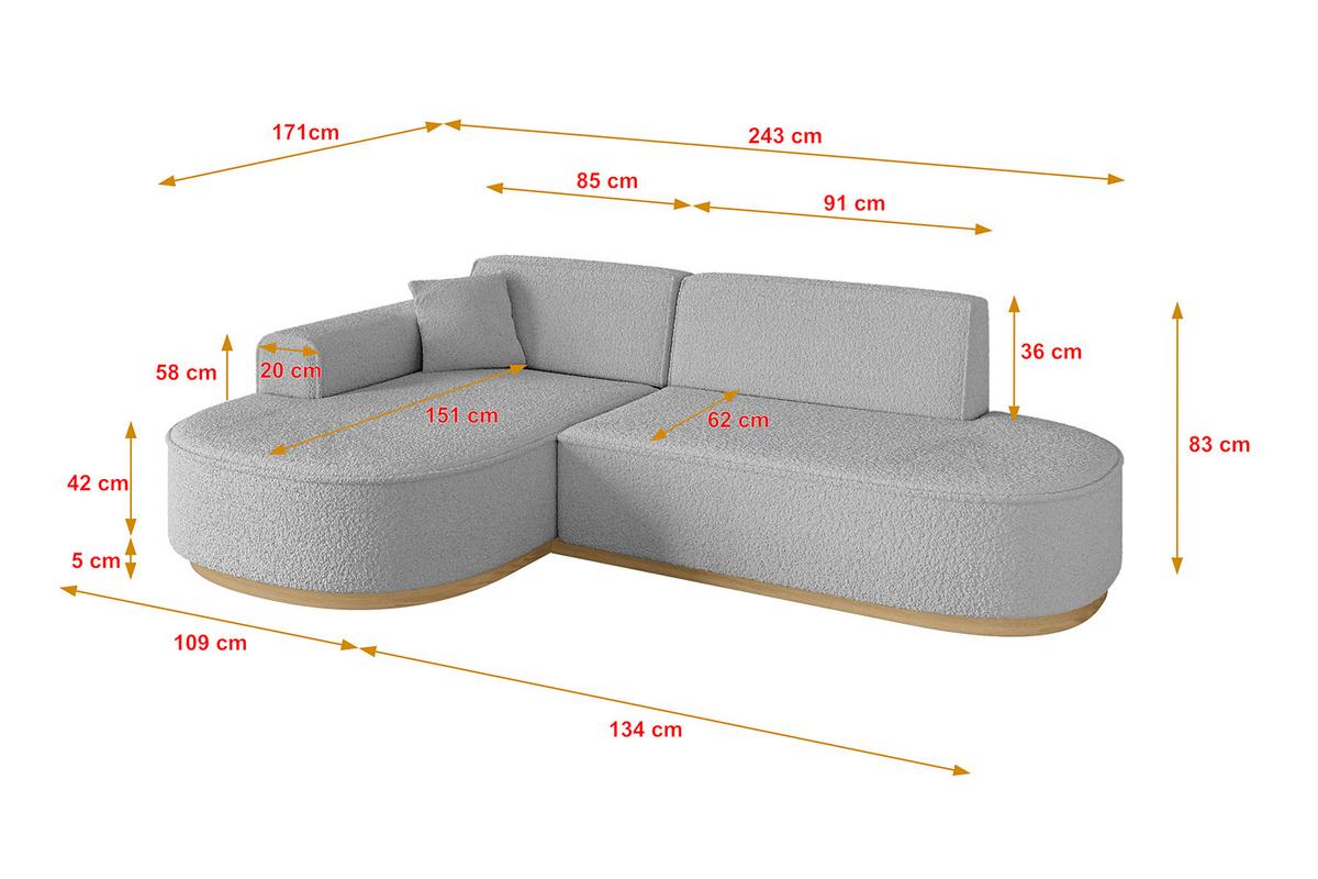 ECKSOFA Ottomane Links MARI-L1-v2 - 243x171x83 cm Hellgrau Bouclé - Hellgrau, Holzwerkstoff/Textil (243/171cm) - ALTDECOR