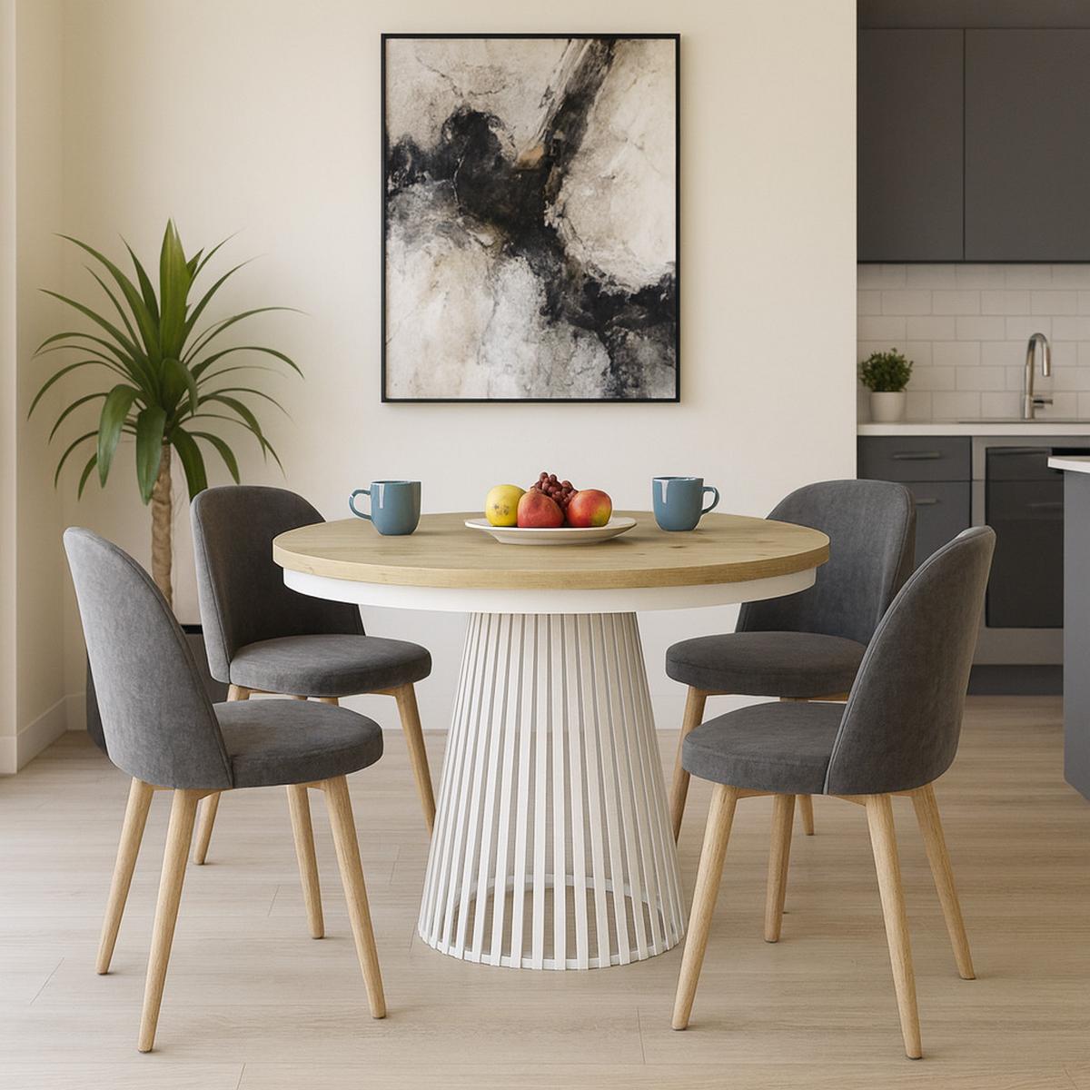ESSTISCH Lumi, Runder, ausziehbar auf 180 cm, mit Metallbeinen, Weiß+eiche Artisan - Weiß/Eiche Artisan, Holzwerkstoff/Metall (100/100/77cm) - Beautysofa