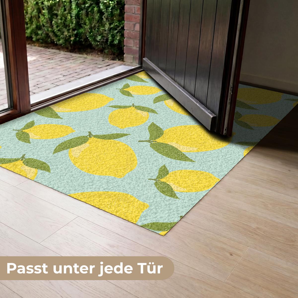 FUSSMATTE Muster Zitronen - Gelb - Blau - Muster - Früchte Flurteppich 120x80 cm - Gelb, Kunststoff (120/0.4cm) - MuchoWow