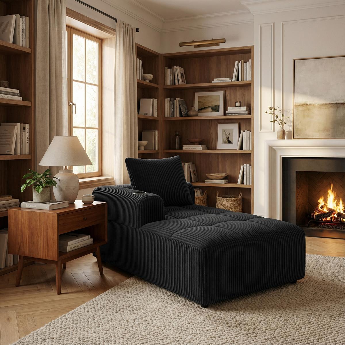 CHAISELONGUE in Cord (158 cm) mit Getränkehalter & Seitentaschen - Schwarz, Textil (158/61/93cm) - Urban Meuble