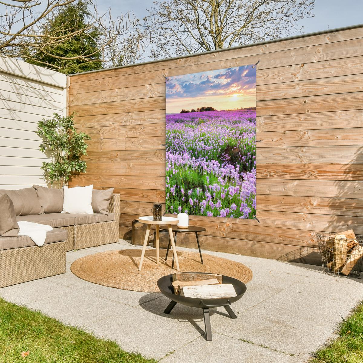GARTENPOSTER Blumen - Lavendel - Lila - Himmel - Sonnenuntergang - Wiese - Natur Outdoor Bilder 80x120 cm - Flieder, Kunststoff (80/120/0.2cm) - OnlyWow