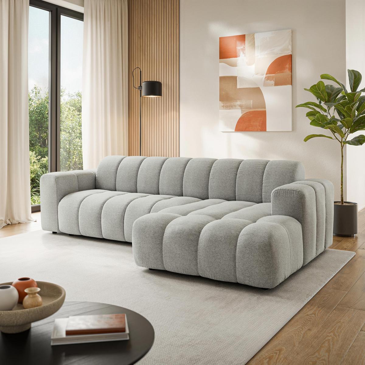 ECKSOFA SETIA Hellgrau Strukturstoff mit Schlaffunktion - Hellgrau, Holz (304/165cm) - MASSENO