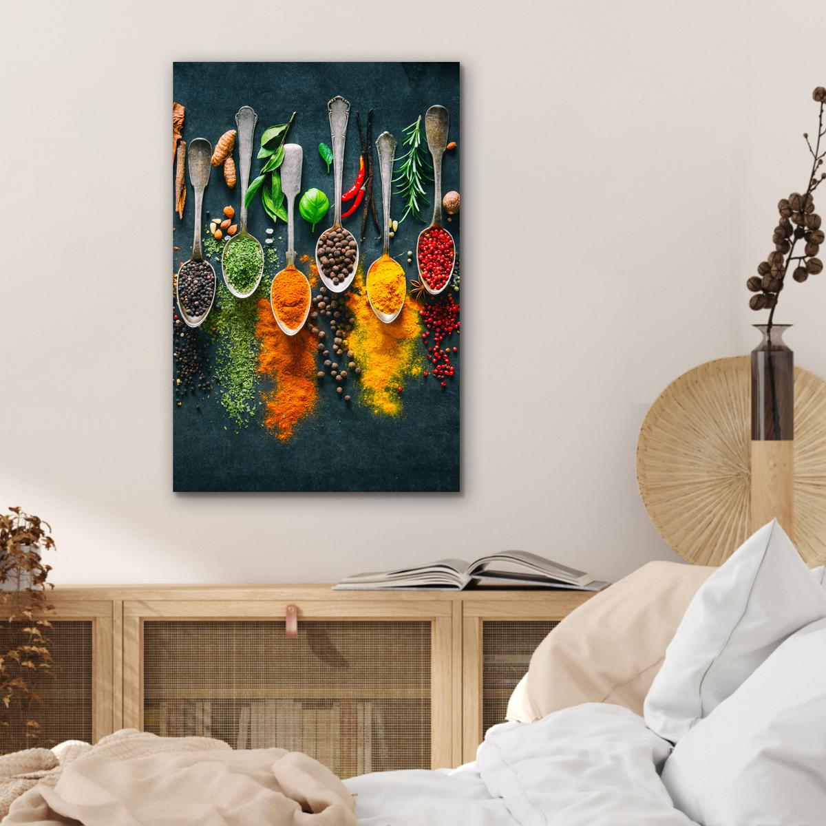 METALLBILD Kräuter - Gewürze - Löffel Deko Schlafzimmer 40x60 cm - Currygelb, Metall (40/60cm) - MuchoWow