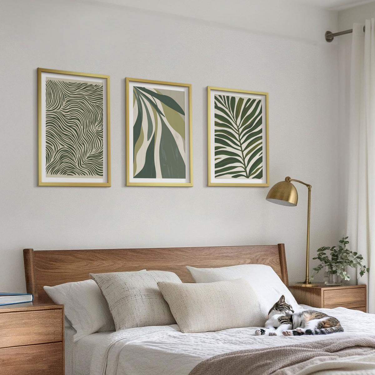 BILDER SET 3er Set - 40x60 cm Goldrahmen - Blätter mit wellenförmigen grünen Linien - Goldfarben, Kunststoff (40/60cm) - TULUP