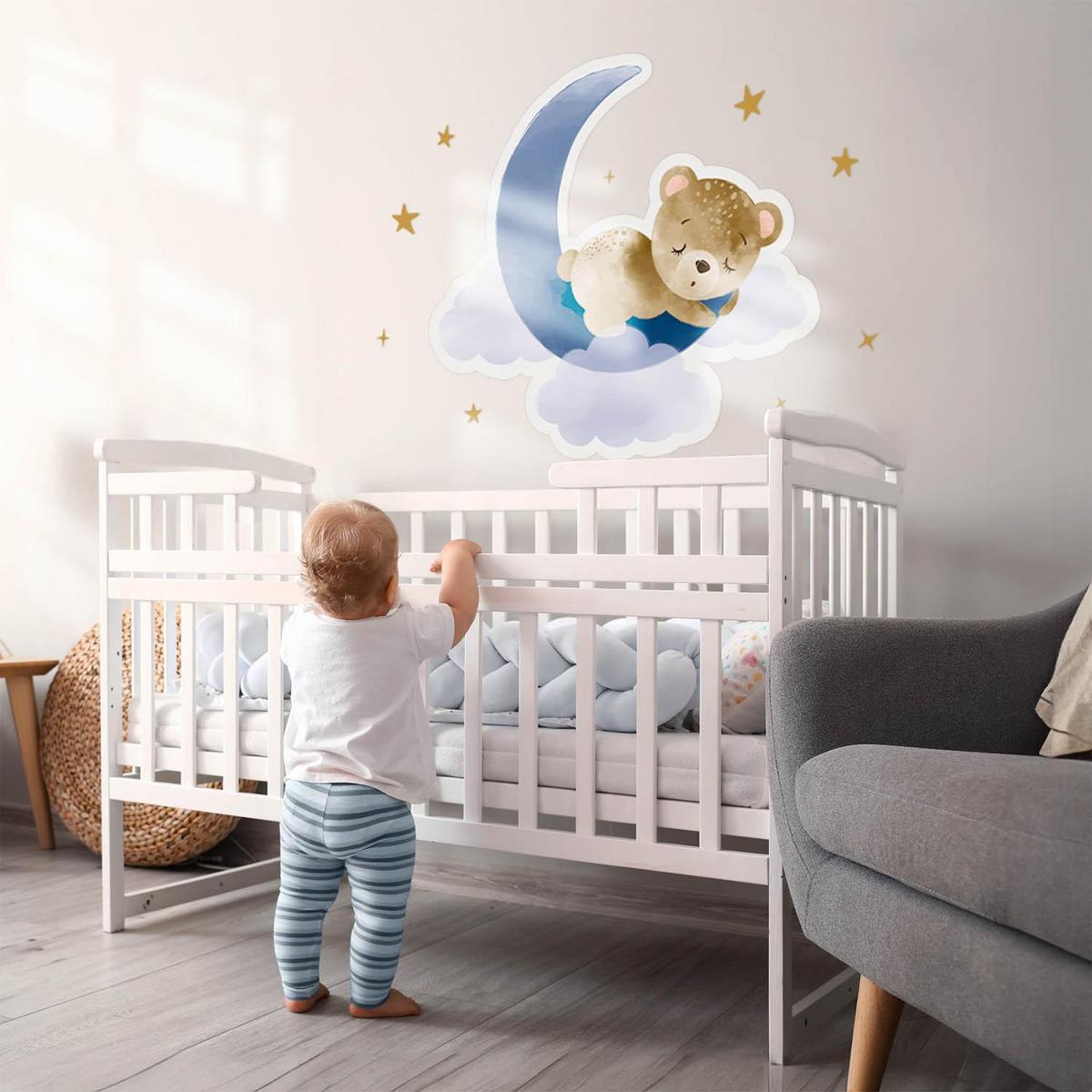 WANDAUFKLEBER 100x95cm - Teddybär auf dem Mond - Multicolor, Kunststoff (100/95/0.1cm) - Wallfluent