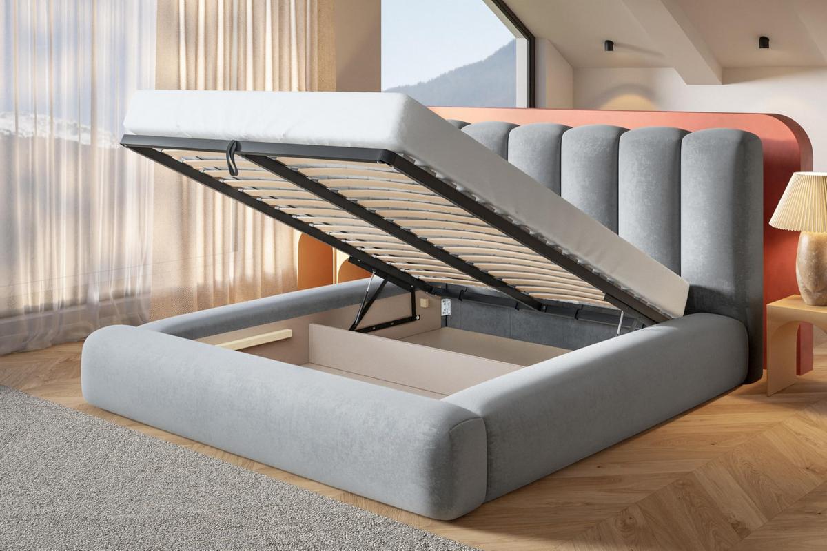 BETT 140x200 - Polsterbett mit Bettkasten und Metallrahmen - Modern Bett - Eleganter Jasmine-Stoff - Kollektion Alva Maxi - Hellgrau - Hellgrau, Holz/Textil (140/200cm) - Alpi-Möbel