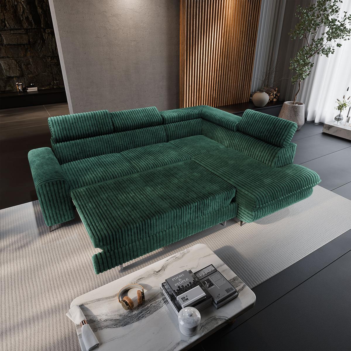 ECKSOFA VELISS Grün Kordstoff mit Schlaffunktion - Grün, Holz (255/193cm) - MASSENO