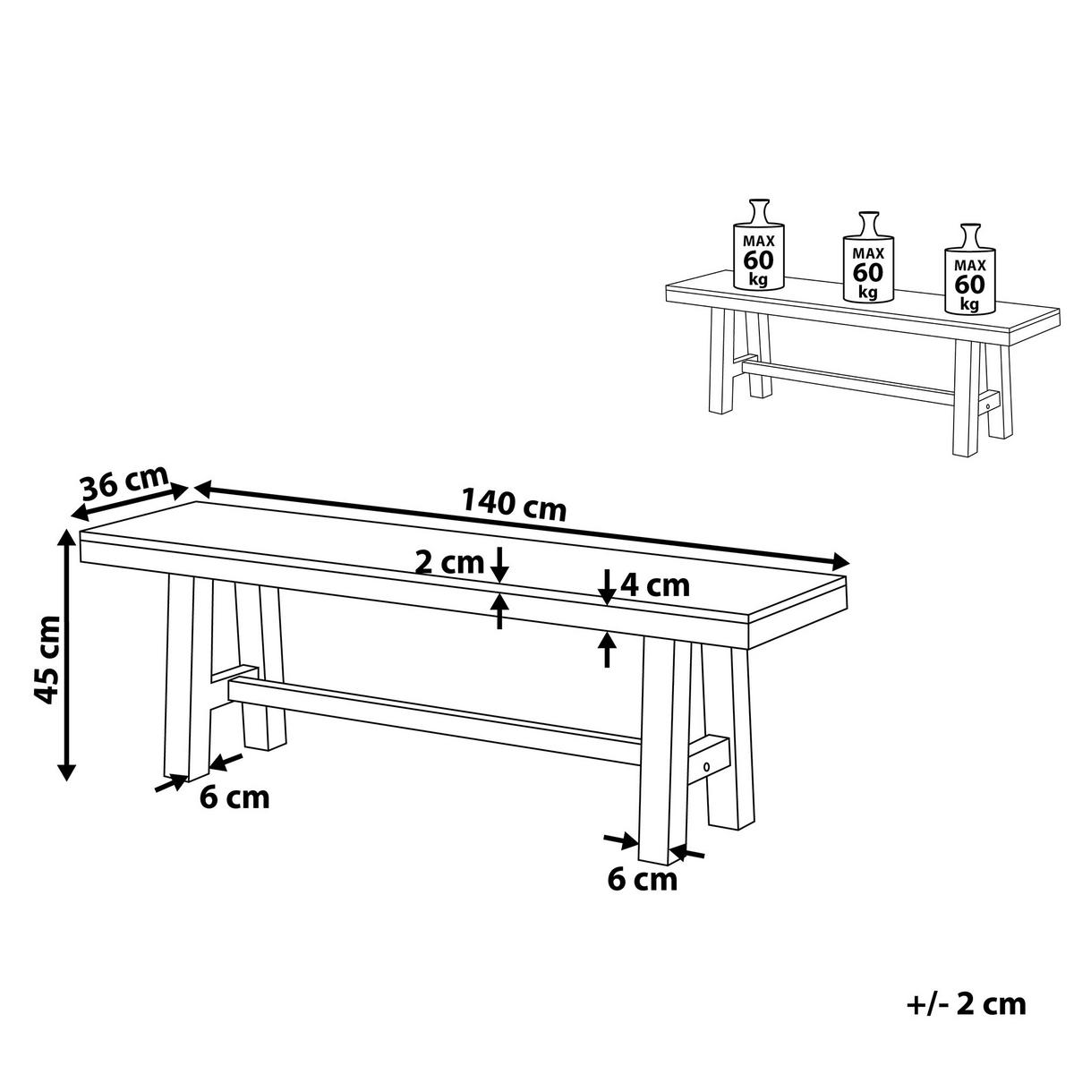 SITZBANK Akazienholz schwarz/hellbraun 140 cm Scania - Hellbraun/Schwarz, Holz (140/45/36cm) - Beliani