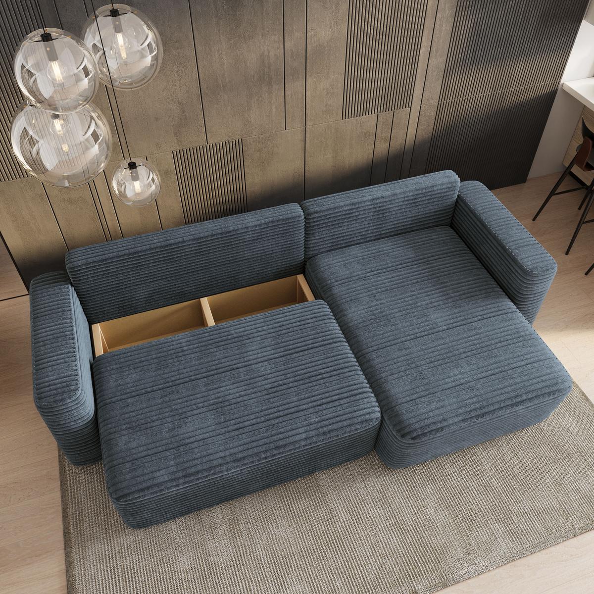 ECKSOFA TELIN Grau Kordstoff mit Schlaffunktion - Grau, Holz (280/162cm) - MASSENO