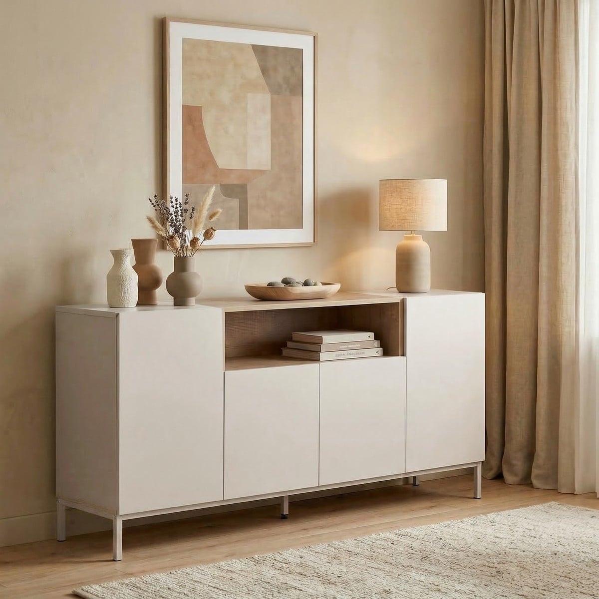 SIDEBOARD mit 4 Türen und 1 Nische, Kaschmir und Holzdekor 40/80/160 cm - Beige, Holzwerkstoff (40/80/41.5cm) - Calicosy