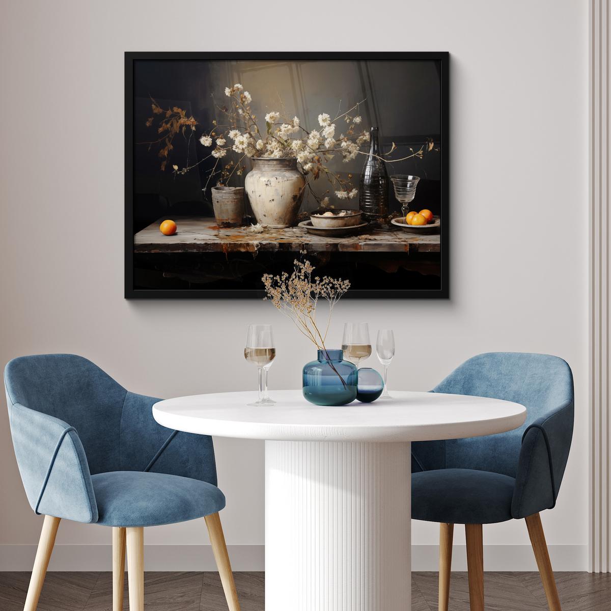 POSTER MIT RAHMENGERAHMTES BILD Stilleben - Blumen - Blumenstrauß - Vase - Wein 80x60 cm - Schwarz, Papier (80/60cm) - MuchoWow