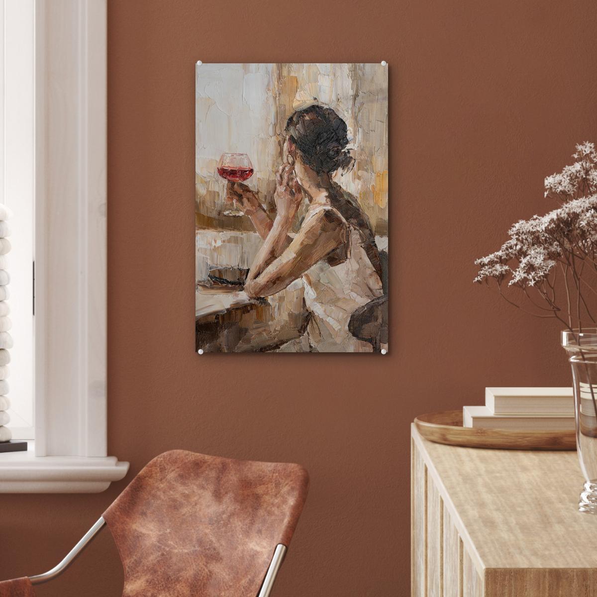 ACRYLGLASBILD Ölgemälde - Frau - Wein Wanddeko Wohnzimmer 40x60 cm - Hellbraun, Glas (40/60cm) - MuchoWow