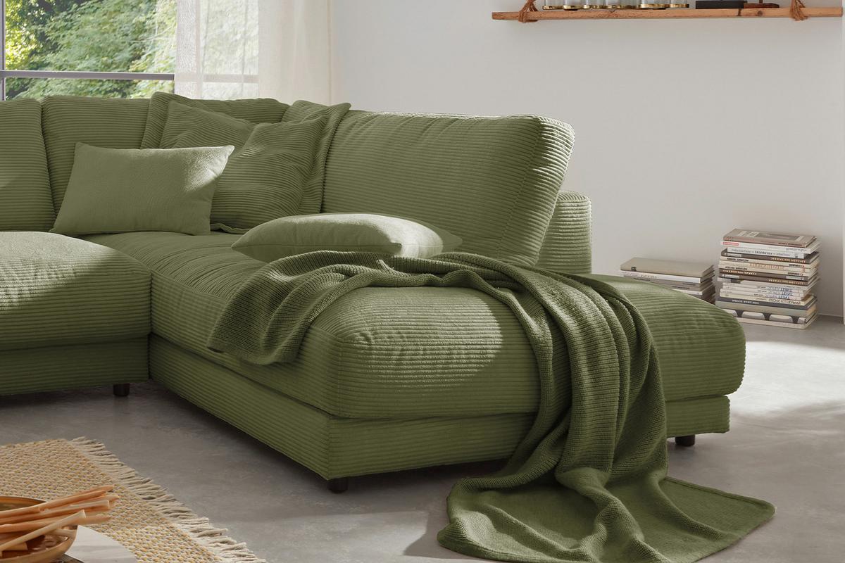 ECKSOFA MADELINE Grün Cord - Schwarz/Olivgrün, Kunststoff/Textil (325/224cm) - KAWOLA