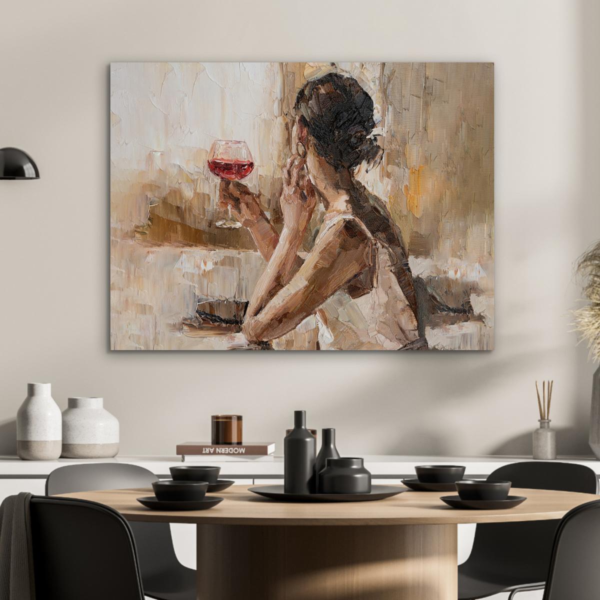 METALLBILD Ölgemälde - Frau - Wein 80x60 cm - Hellbraun, Metall (80/60cm) - MuchoWow