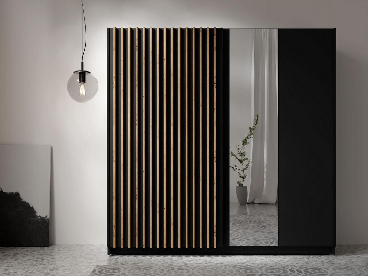 SCHWEBETÜRENSCHRANK APOLEN 200,2/198,5/55,4cm 2-türig mit Spiegel Schwarz - Schwarz/Eiche Artisan, Holzwerkstoff (200.2/198.5/55.4cm) - MASSENO