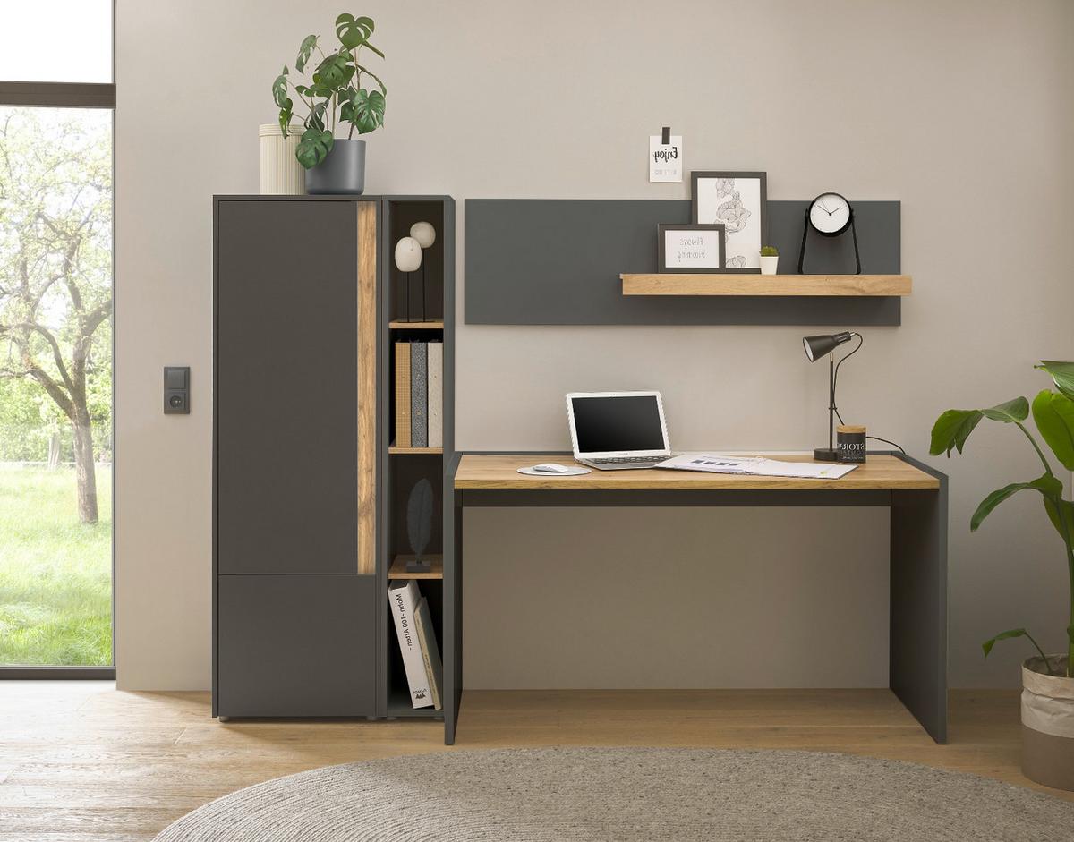SCHREIBTISCHKOMBINATION 4-teilig grau matt, Eiche Wotan 213 cm, Büromöbel Set mit viel Stauraum - Eichefarben/Eiche Wotan, Holz/Holzwerkstoff (62/213/155cm) - Furn.Design