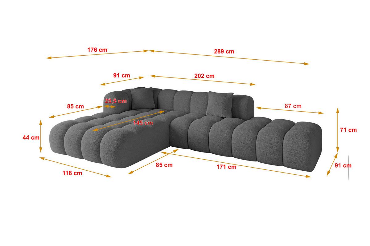 ECKSOFA Ottomane Links OLEA-L2 - 289x176x71 cm Grau - Platinfarben/Schwarz, Holzwerkstoff/Kunststoff (190/309cm) - ALTDECOR