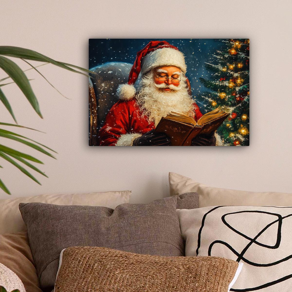 LEINWANDBILD Weihnachtsmann - Weihnachten - Winter - Weihnachtsbaum Deko Schlafzimmer 30x20 cm - Bordeaux, Textil (30/20cm) - MuchoWow
