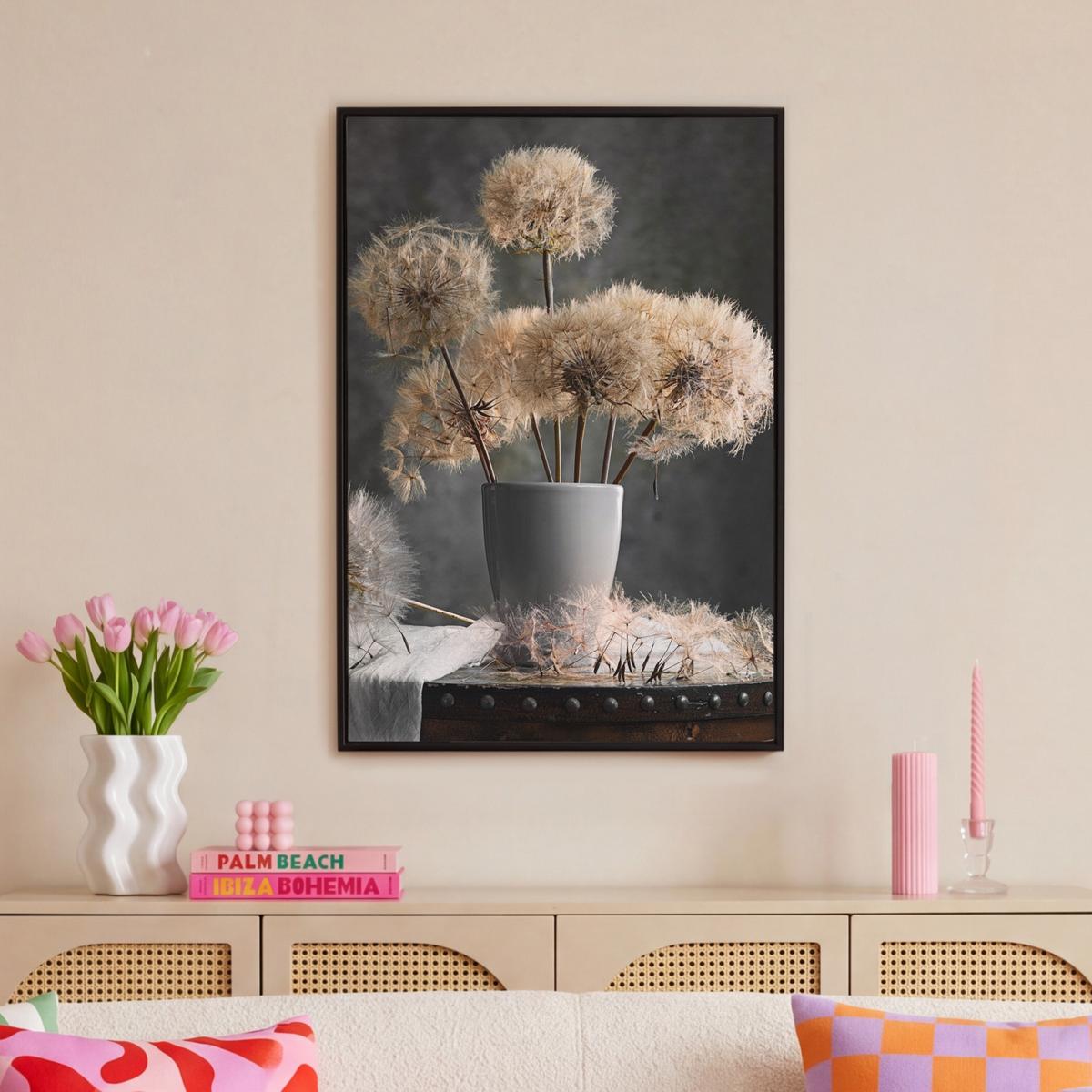 LEINWAND Bilder mit Rahmen - Blumensamen - Löwenzahn - Vase - Stilleben - Blumenstrauß - 60x90 - Dunkelgrau, Textil (60/90cm) - MuchoWow