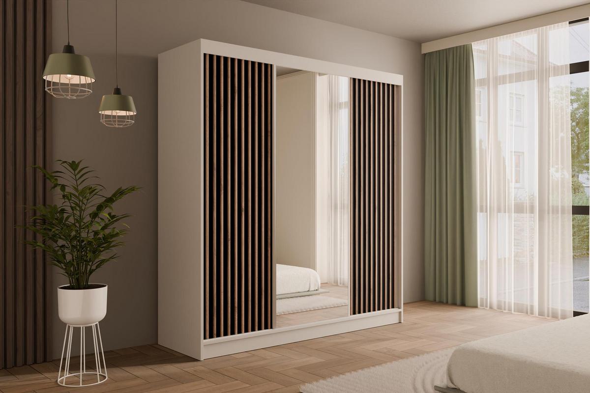 KLEIDERSCHRANK mit Spiegel V2-ZENTI 215x200 cm Weiß|Schwarz - Schwarz/Weiß, Holzwerkstoff (200/215/61cm) - ALTDECOR