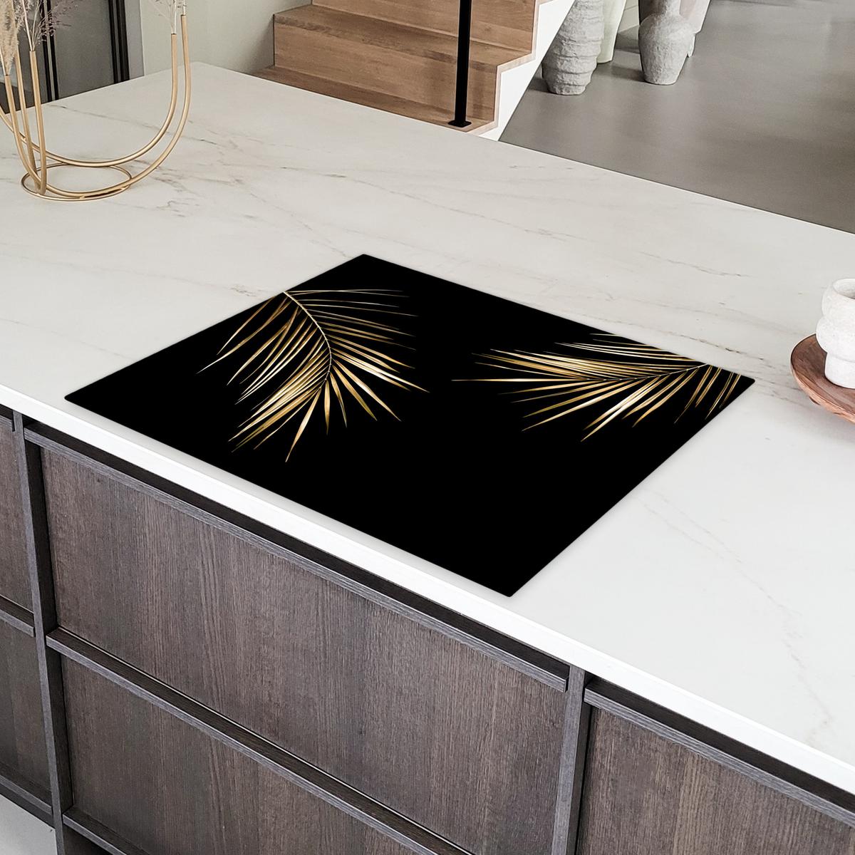 HERDABDECKPLATTE Blätter - Pflanzen - Gold - Schwarz - Luxus Induktionsmatte 77x59 cm - Goldfarben, Kunststoff (77/59/0.2cm) - MuchoWow