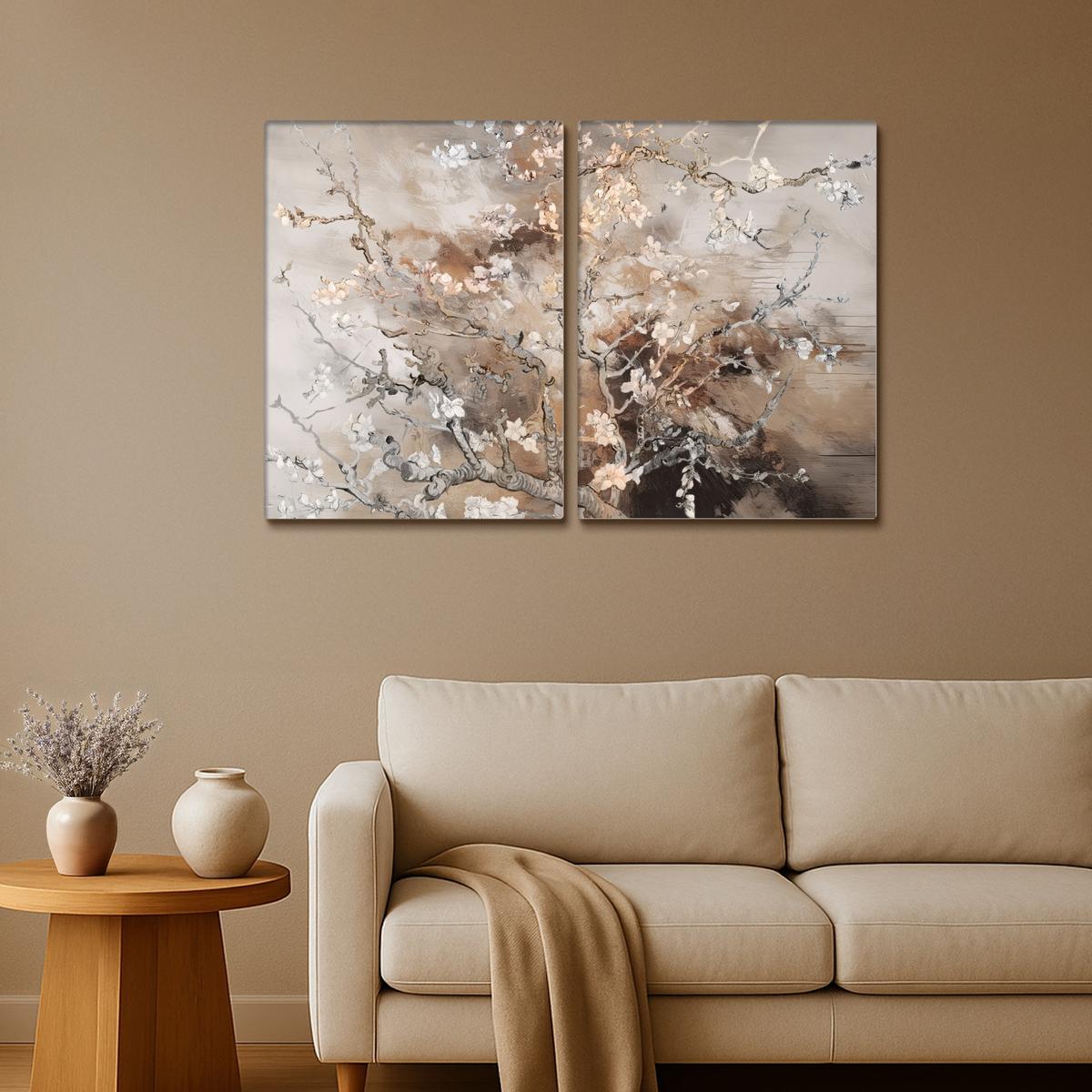 LEINWANDBILD 2er Set Mandelblüte - Abstrakt - Beige 120x80 cm - Beige, Textil (120/80cm) - MuchoWow