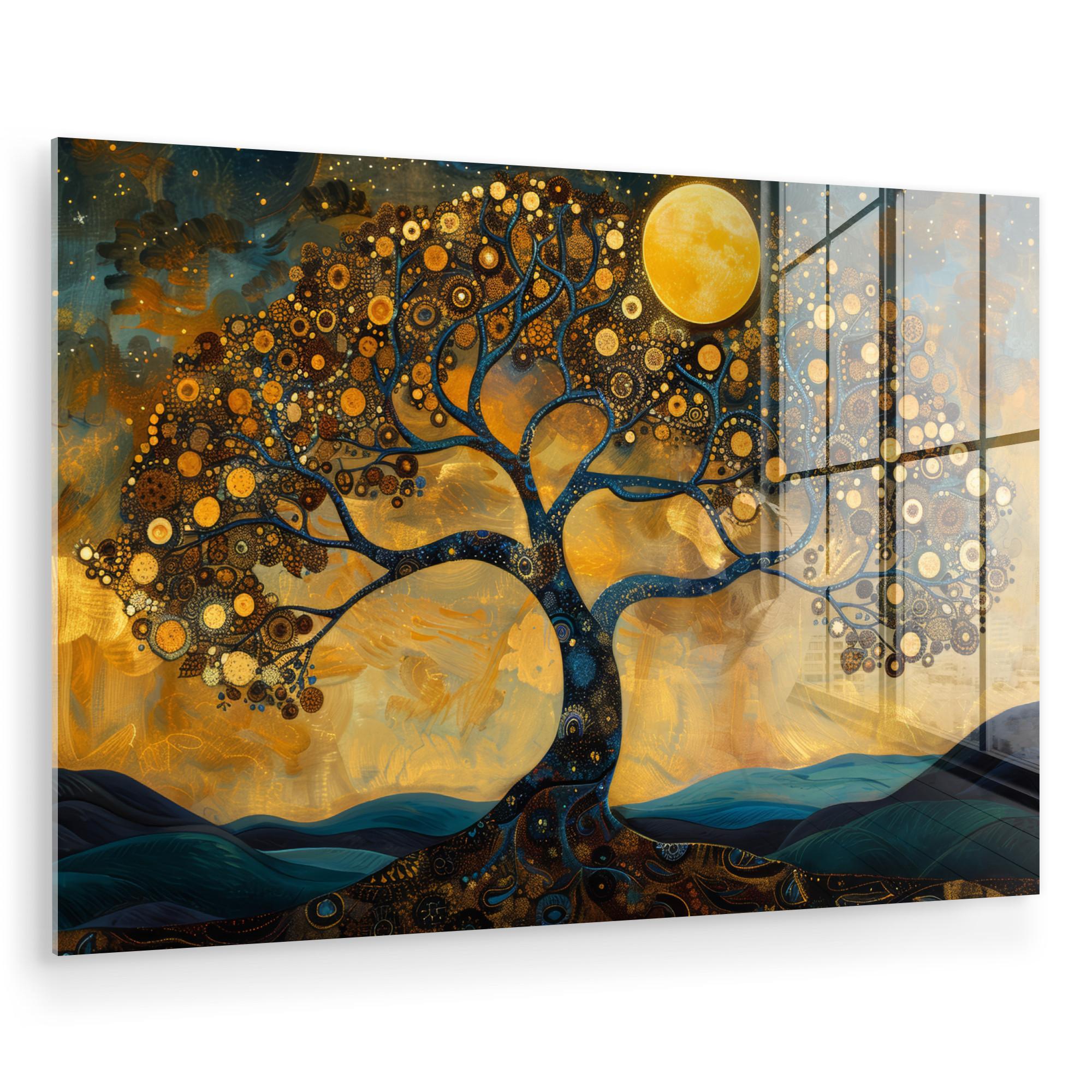 ACRYLGLASBILD Baum - Mond - Blumen - Gold - Kunst Wanddeko 60x40 cm - Orange, Glas (60/40cm) - MuchoWow