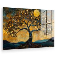 ACRYLGLASBILD Baum - Mond - Blumen - Gold - Kunst Wandbild Schlafzimmer 120x80 cm - Orange, Glas (120/80cm) - MuchoWow