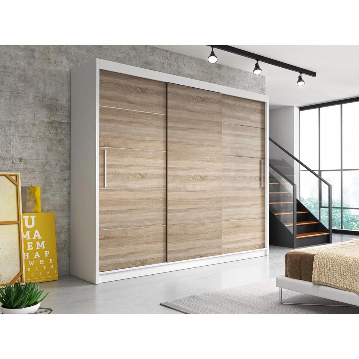 SCHWEBETÜRENSCHRANK ALBA ohne Spiegel Weiß, Sonoma Eiche, ohne LED Beleuchtung 250 cm - Weiß/Sonoma Eiche, Holz (250/218/61cm) - imoebel24