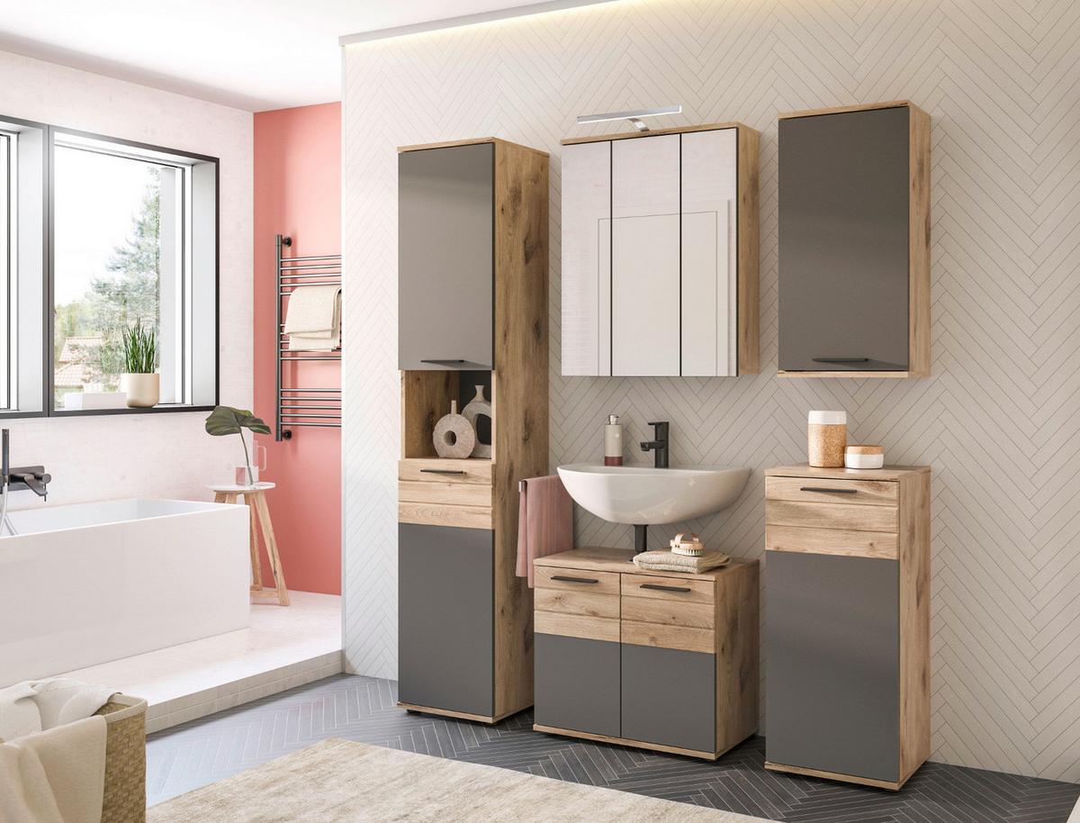 HÄNGESCHRANK Eiche grau 37 x 77 cm, Badschrank mit Soft-Close, Badezimmermöbel - Eichefarben/Schwarz, Holzwerkstoff/Kunststoff (37/77/24cm) - Inn.Furn