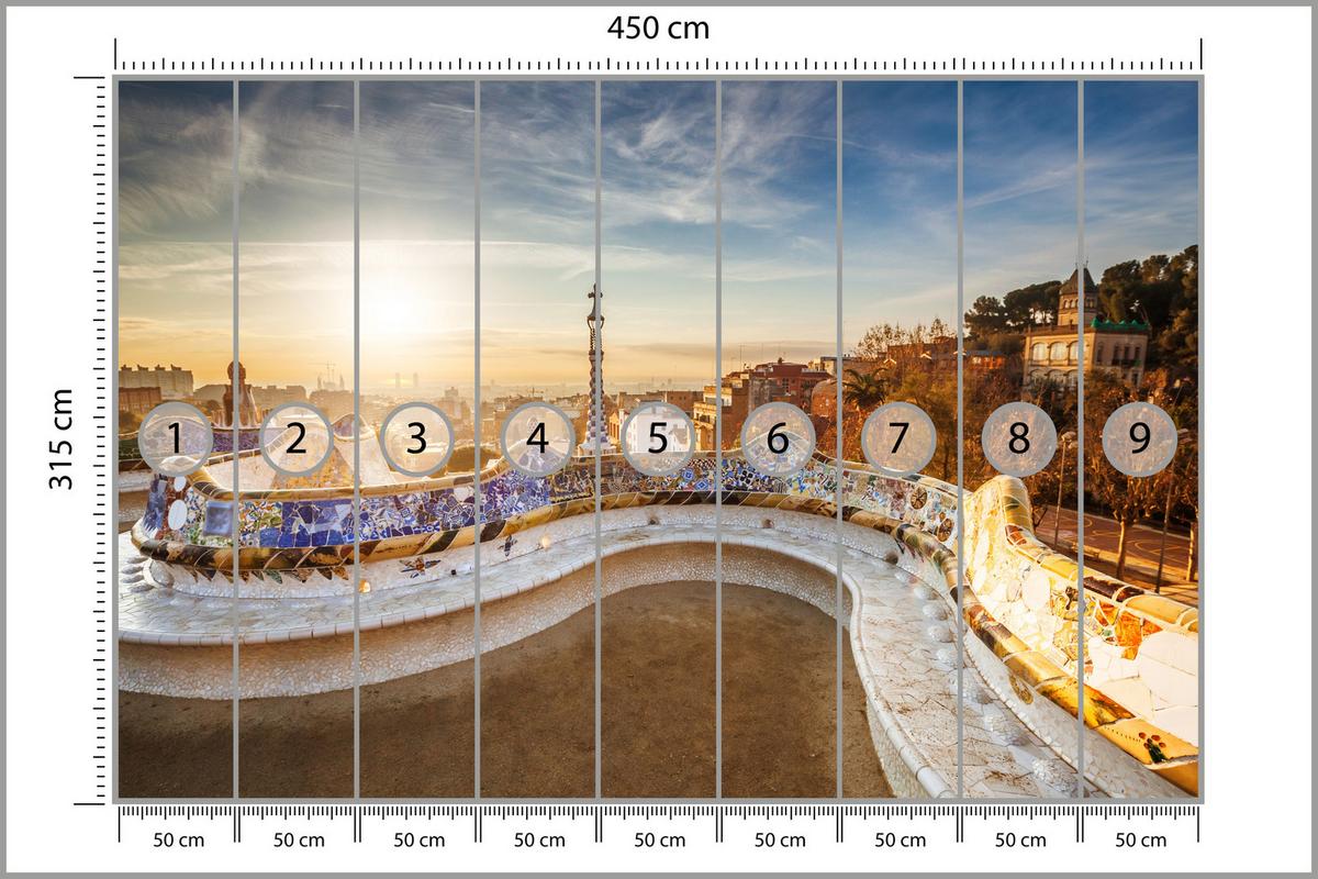 FOTOTAPETE für Wohnzimmer Sonnenaufgang Barcelona Denkmäler 450x315 - Gelb/Beige, Papier (450/315cm) - Muralo
