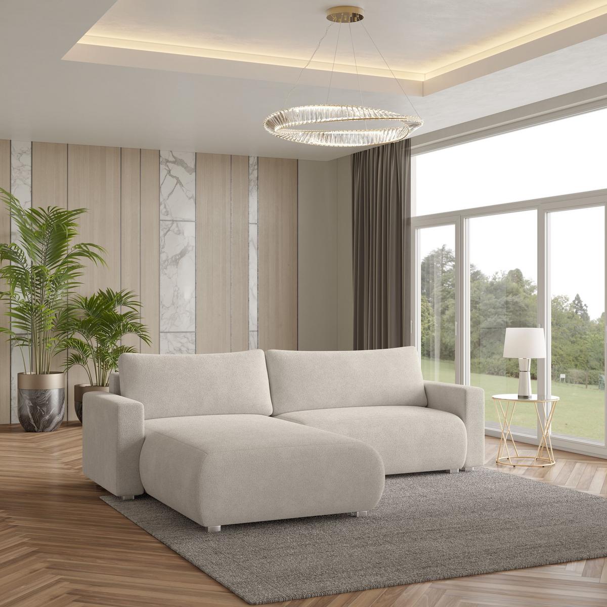 ECKSOFA TURIN N Creme Bucle-Stoff mit Schlaffunktion - Creme/Grau, Holz/Kunststoff (265/183cm) - MASSENO
