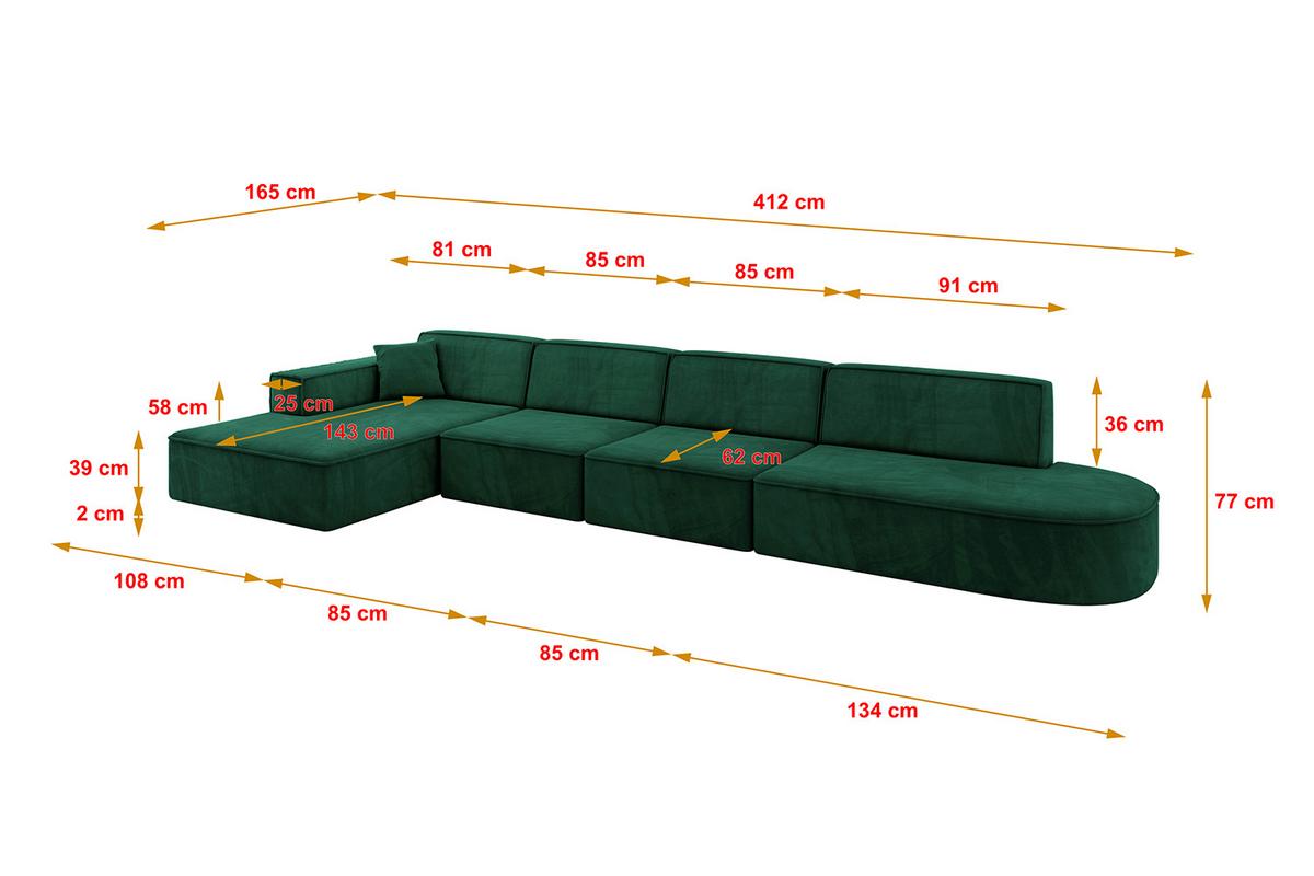ECKSOFA Ottomane Links IREA-L3-v4 - 412x165x77 cm Grün - Smaragdgrün/Dunkelgrün, Holzwerkstoff/Textil (412/165cm) - ALTDECOR