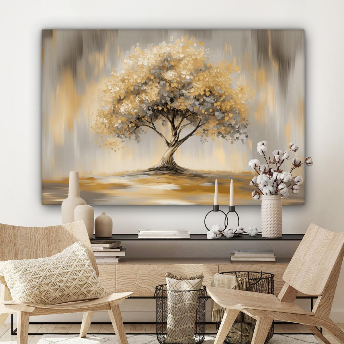 LEINWANDBILD Gemälde - Baum - Abstrakt - Blätter Wohnzimmer Groß 120x80 cm - Beige, Textil (120/80cm) - MuchoWow