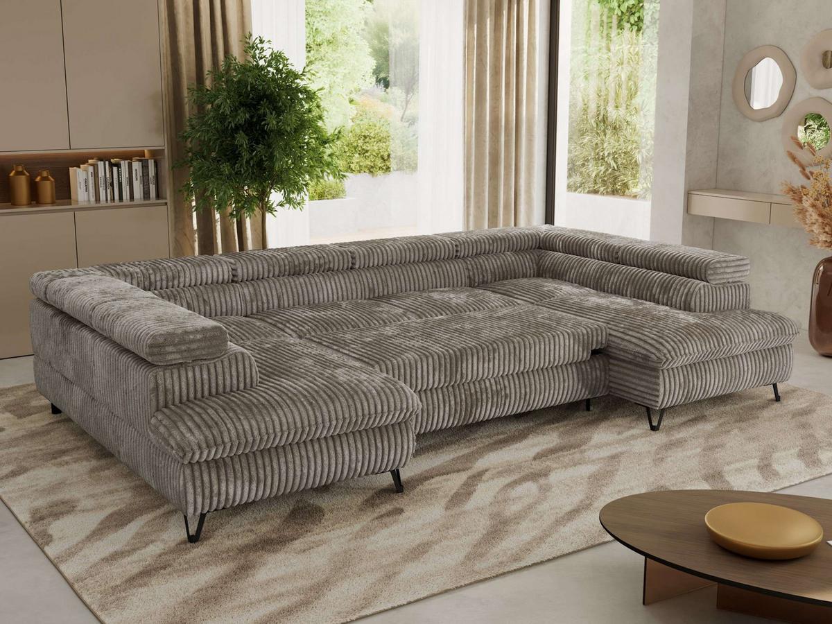 WOHNLANDSCHAFT PABLO U Cord Hellbraun - Schwarz/Grau, Textil/Metall (346/76/208cm) - MKS