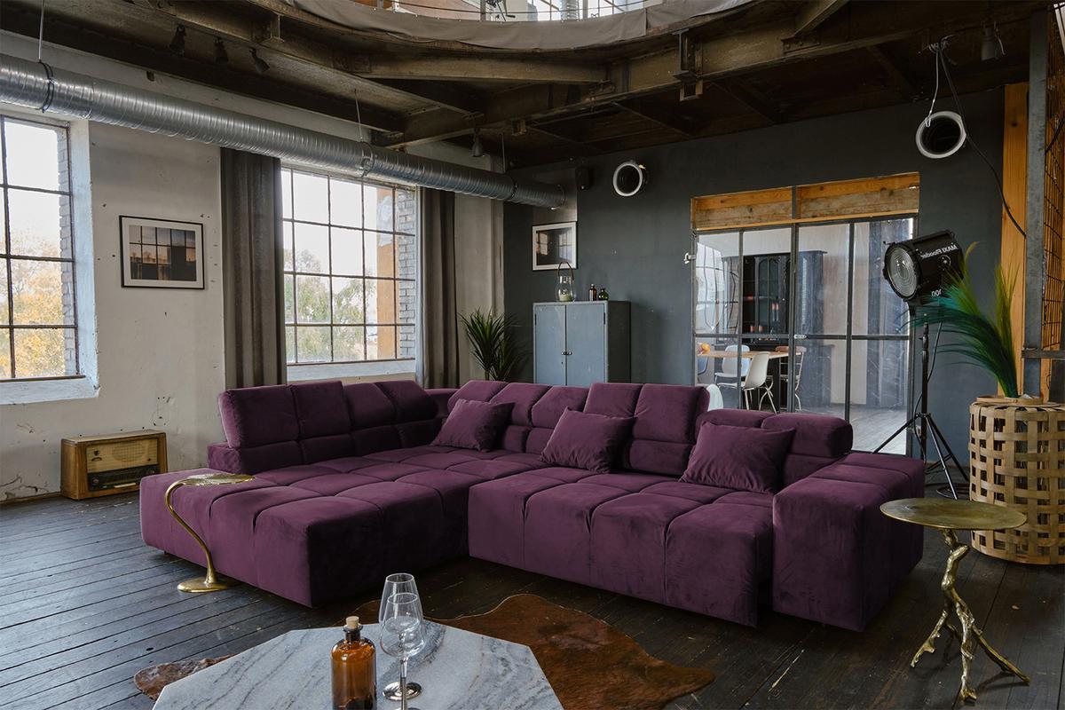 ECKSOFA MIT MOTORISCHEM SITZVORZUG NEVADA Violett Velvet Relaxfunktion - Violett/Schwarz, Textil (319/215cm) - KAWOLA