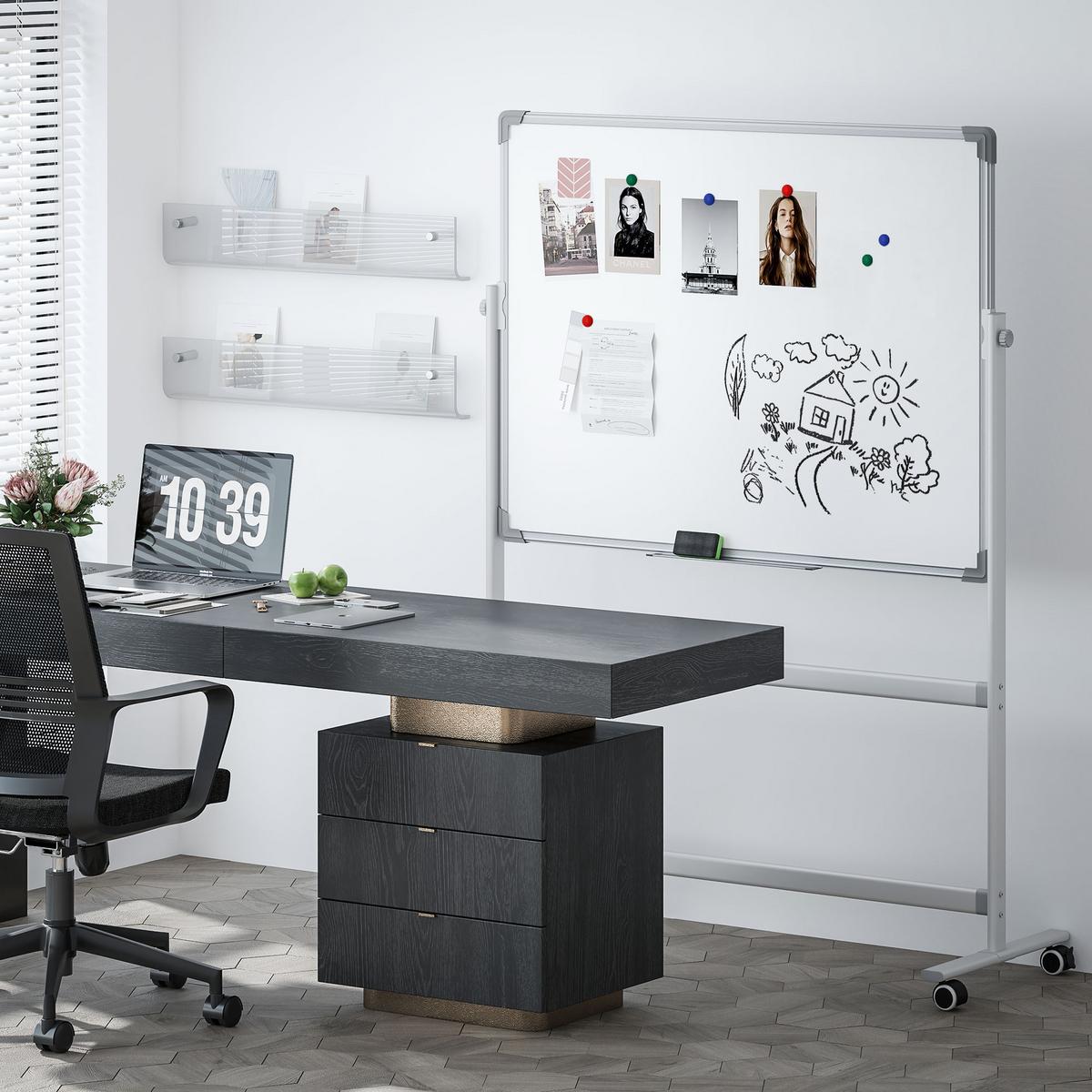 WHITEBOARD,120 x 90 cm, magnetisch, drehbar, mobil, inkl. Marker & Schwamm - Weiß, Metall (50/165/127cm) - HOMCOM