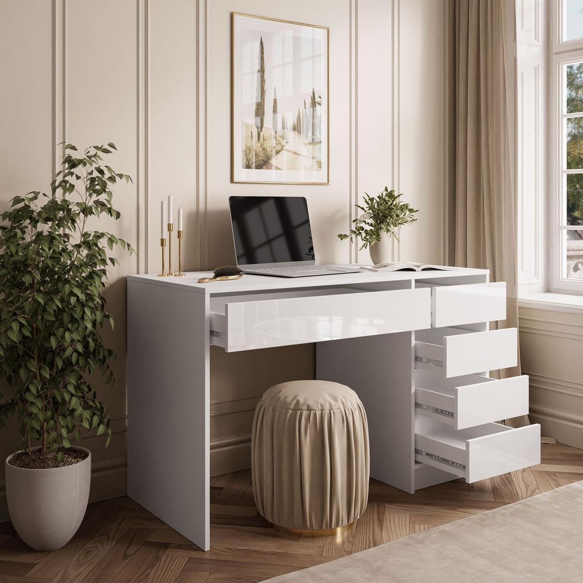 SCHREIBTISCH MADA GLOSS mit Schubladen - Weiß Hochglanz, Holzwerkstoff (55/120/75cm) - Lookway
