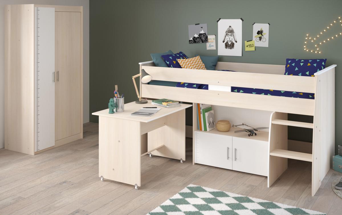 HOCHBETT Jugendzimmer mit Schreibtisch ausziehbar Bett 90 x 200 - Silberfarben/Weiß, Holz/Kunststoff (90/200cm) - Parisot Meuble