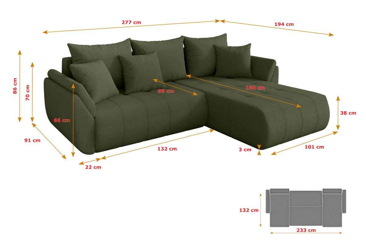 ECKSOFA mit Schlaffunktion Ottomane Rechts TOKO-L 277x194x86 Grün Bouclé - Schwarz/Olivgrün, Holzwerkstoff/Kunststoff (277/194cm) - ALTDECOR