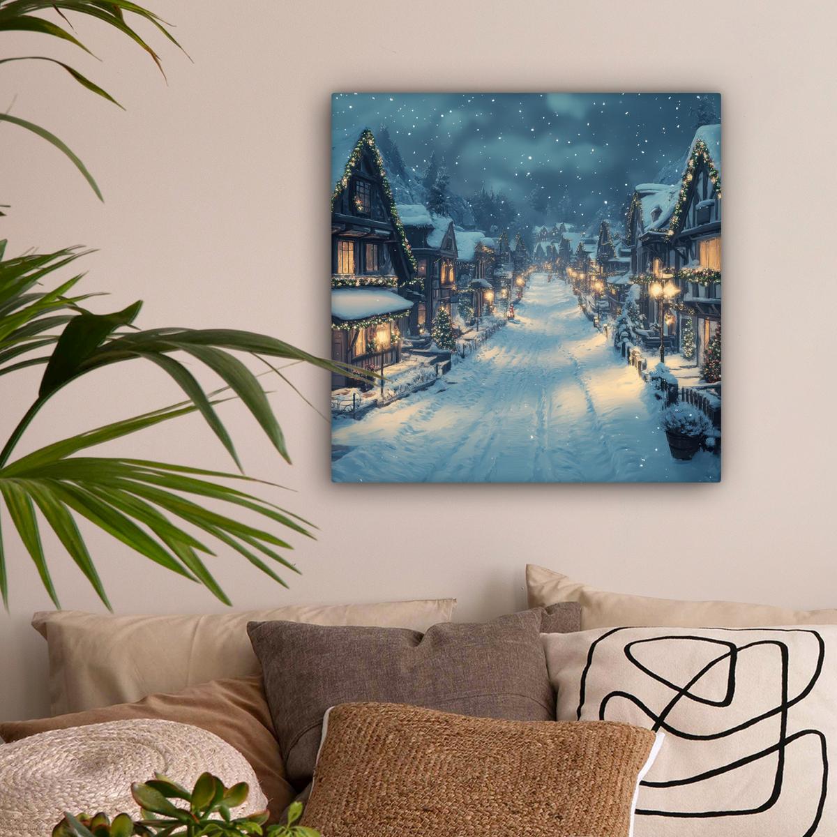 LEINWANDBILD Weihnachtsdorf - Weihnachten - Schnee - Winter Wandbild Wohnzimmer 50x50 cm - Dunkelblau, Textil (50/50cm) - MuchoWow